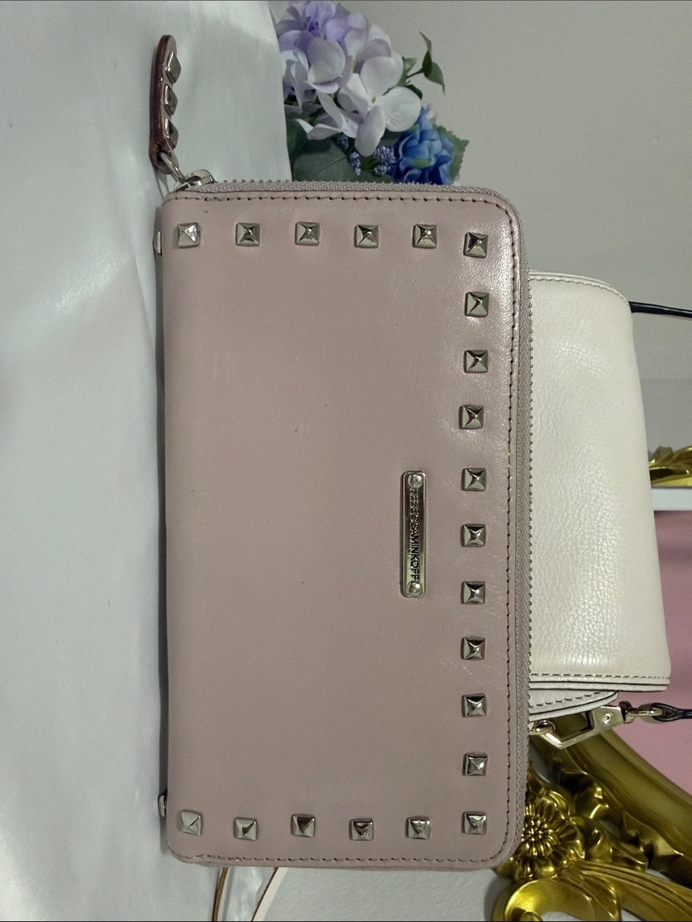 Rebecca Minkoff Pale Pink Studded Zip Wallet Crossbody